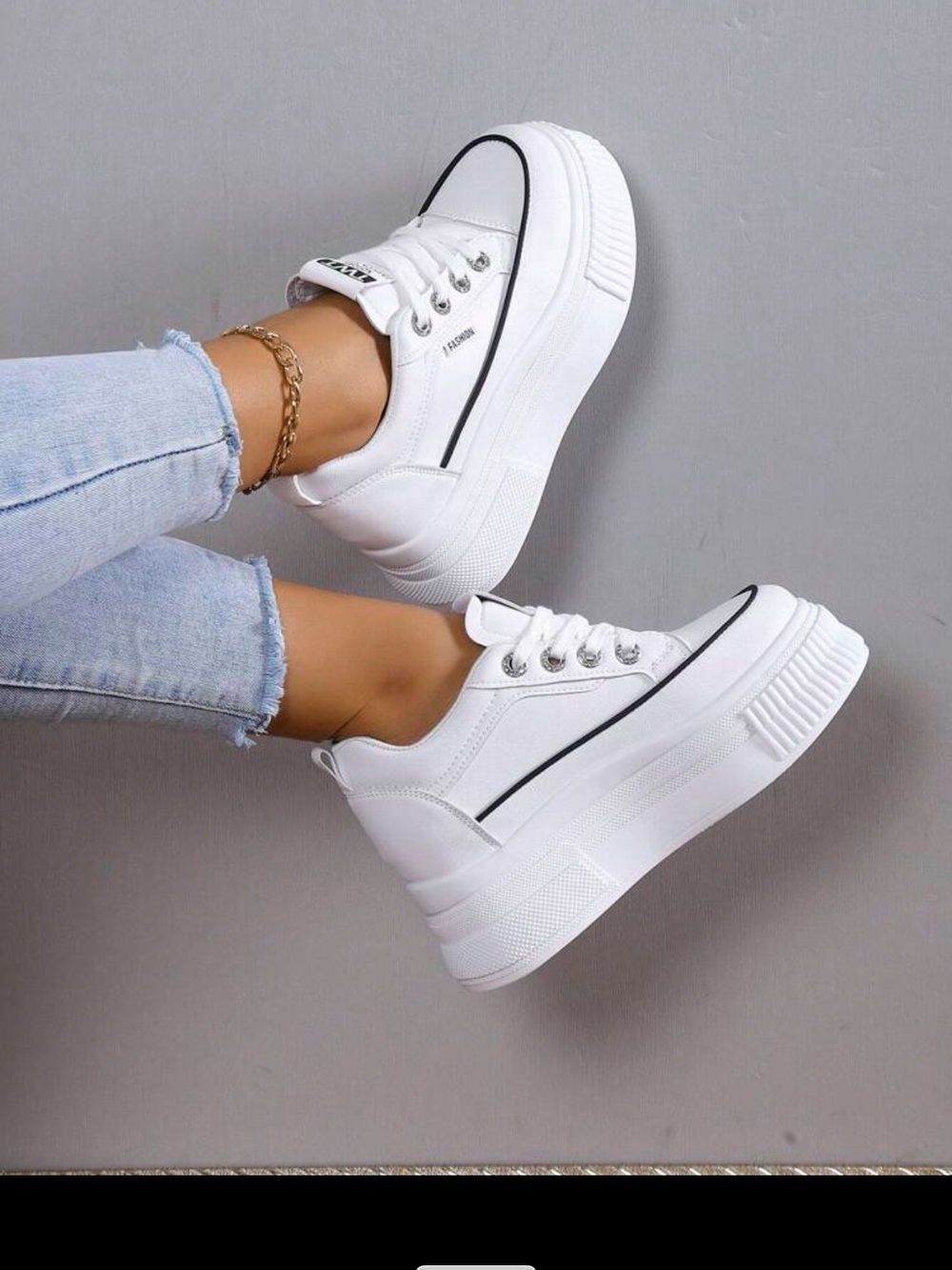 SHEIN White Platform Sneakers with Black Trim